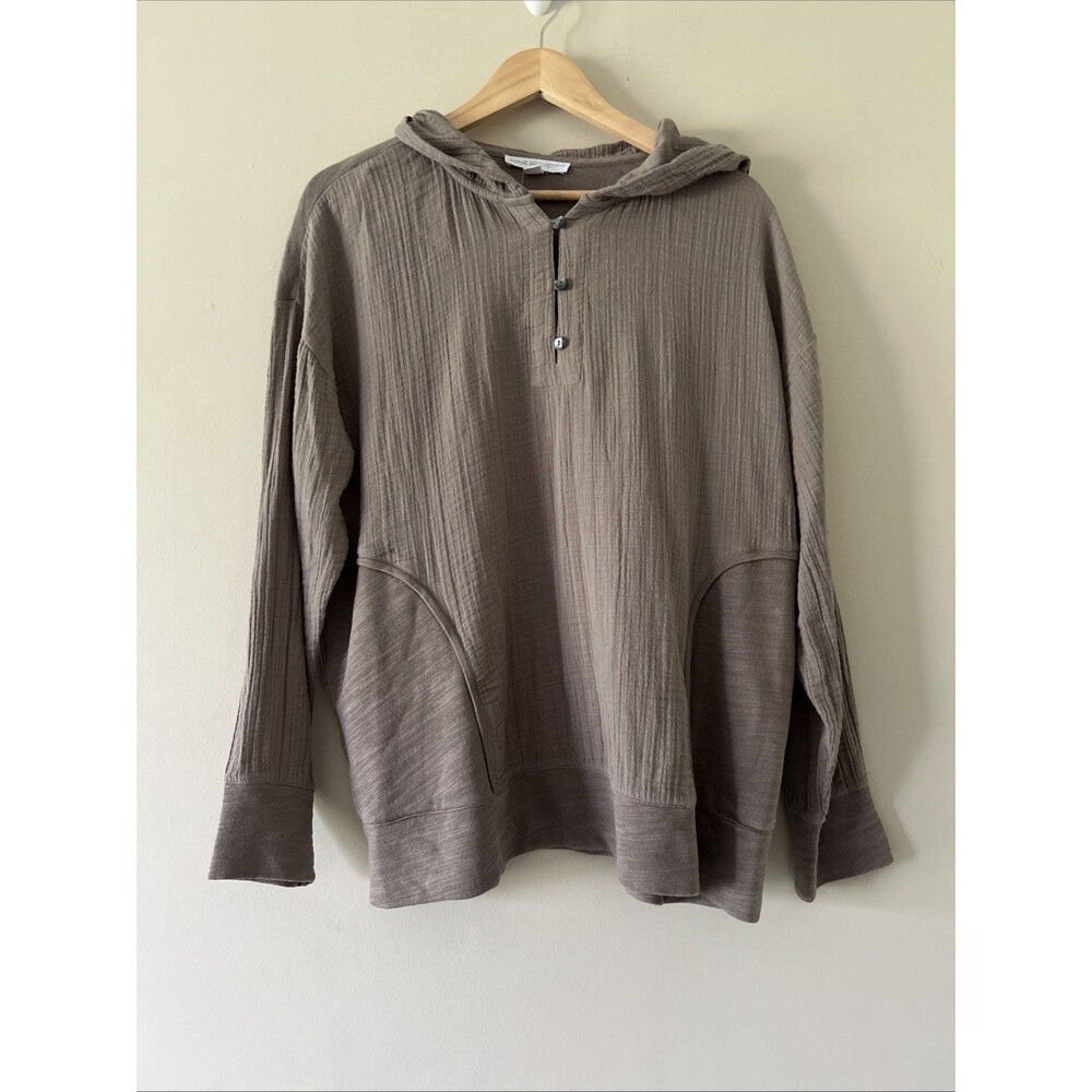 Pure Jill Brown Medium Gauze Hooded Long Sleeve Blouse Top Organic Cotton Pocket